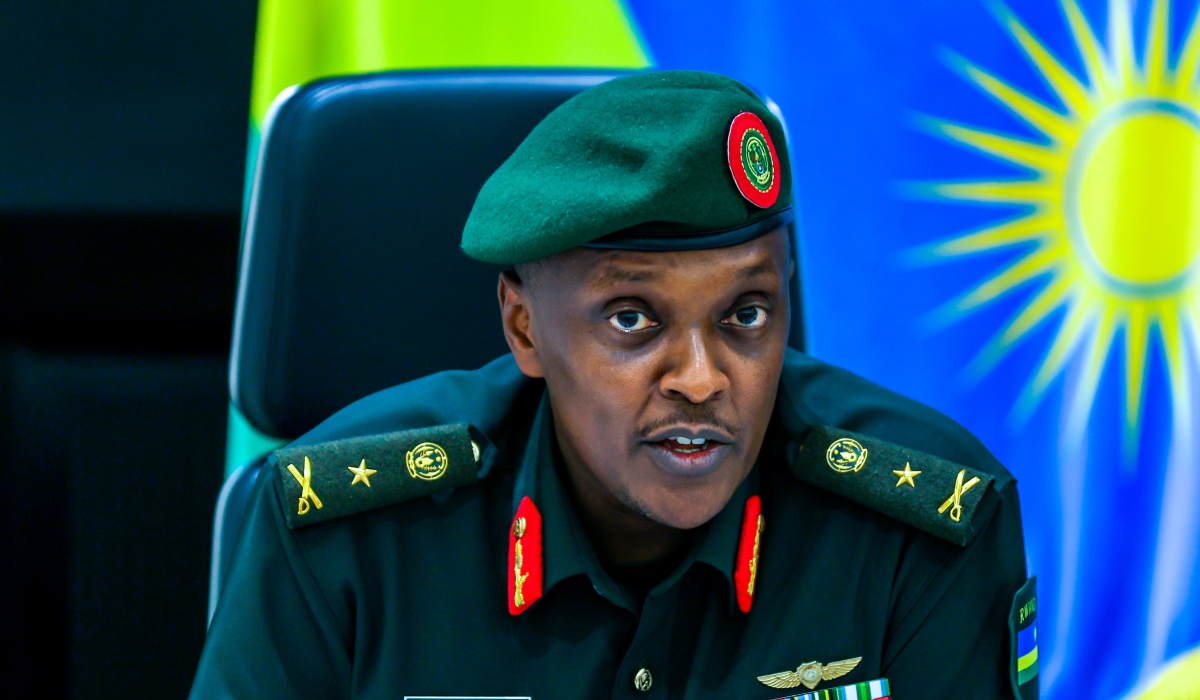 Rwanda Defence Force (RDF) Spokesperson, Brig Gen Ronald Rwivanga speaks to journalists in Kigali
