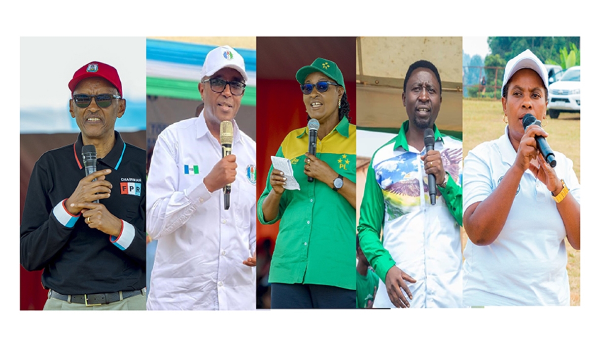 (L-R) RPF Chairman Paul Kagame, PSD President Vincent Biruta, PL President Donatille Mukabalisa, Green Party&#039;s Frank Habineza and PS imberakuri&#039;s Christinne Mukabunani.