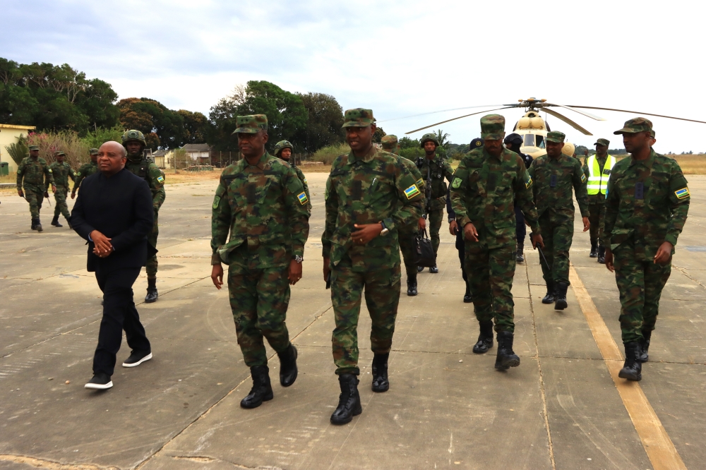 Left to right: Maj Gen Alberto Diago Nampele, the Army Commander of Mozambican forces, Rwanda Defence Force Army Chief of Staff Maj Gen Vincent Nyakarundi, the Joint Task Force Commander, Maj Gen Alex Kagame, and other senior officers, arrive at Mocimboa da Praia airport on July 11. Courtesy