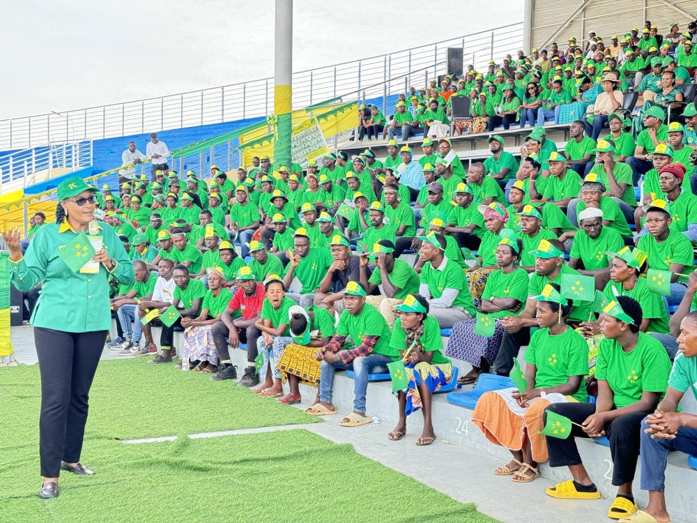 PL chairperson Donatille Mukabalisa, addresses residents in Bugesera. PL has pledged to  plant more forests in Bugesera District. Courtesy