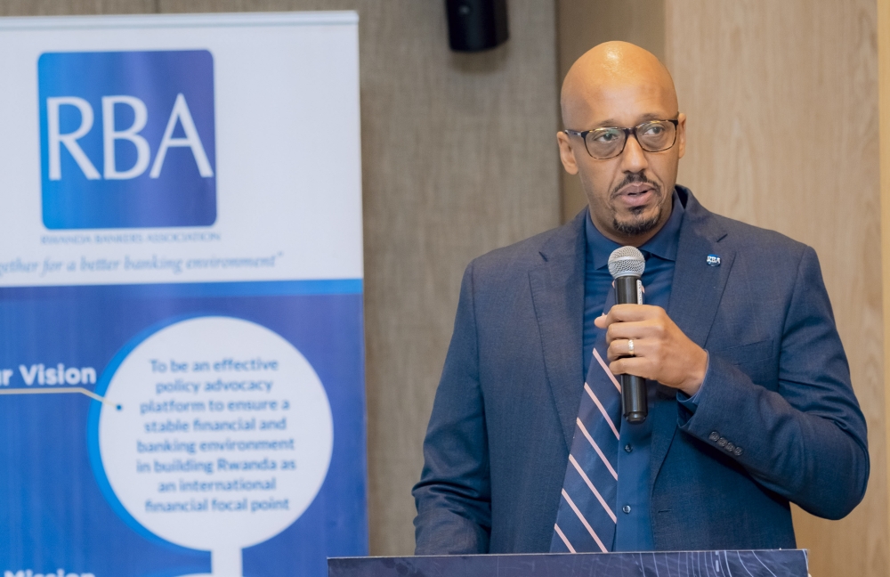 Tony Francis Ntore, Chief Executive Officer of  Rwanda Bankers’ Association delivers his remarks during the launch of the inaugural report in Kigali on July 11