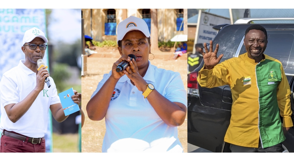 PDI chairman Musa Fazil Harerimana, PS Imberakuri President Christinne Mukabunani, and Democratic Green Party of Rwanda President Frank Habineza.