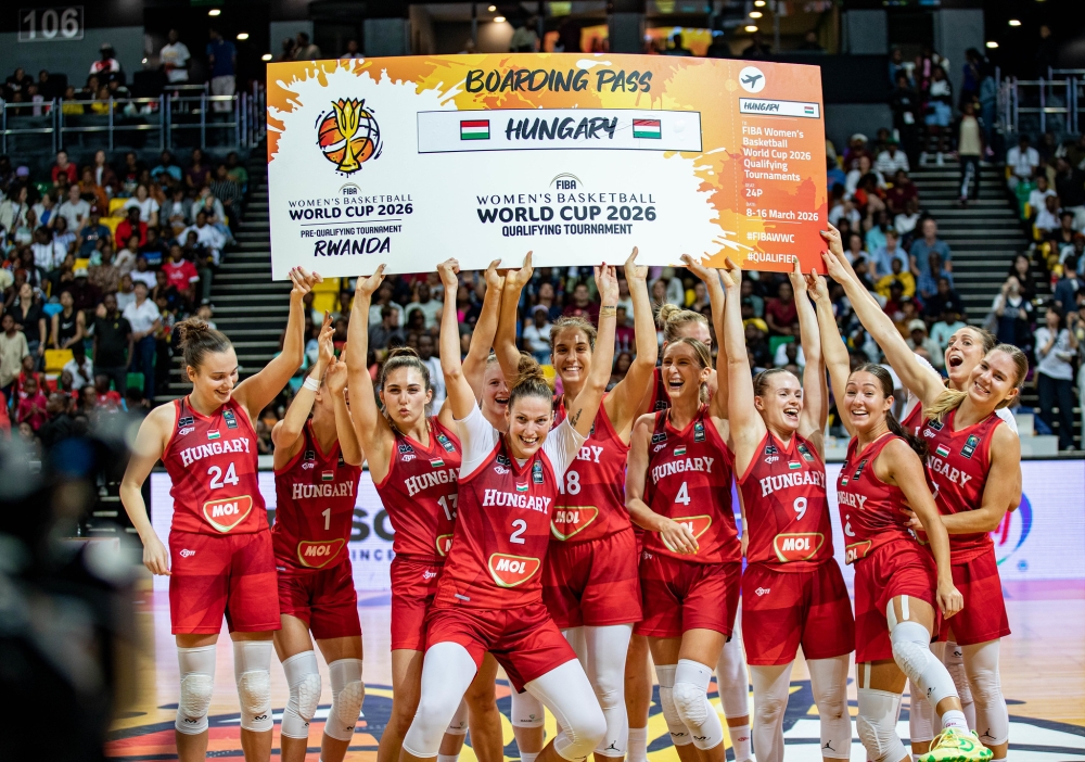Hungarian players celebrate the 63-47 win over Senegal during the FIBA Women&#039;s Basketball World Cup 2026 pre-qualifying tournament at BK Arena on Sunday, August 25.