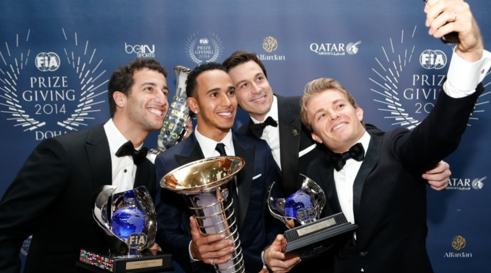 Winners of the awards take a selfie during the awarding ceremony IN 2014. The world automobile governing body (FIA) will hold its Prize Giving ceremony in Kigali on December 13. Courtesy 