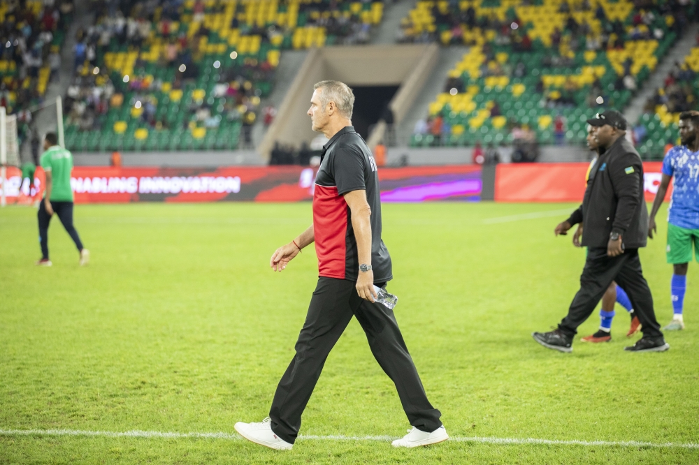 Spittler walks on the pitch after Rwanda&#039;s 3-0 win against Djibouti in CHAN 2025 qualifiers. Photo by Emmanuel Dushimimana