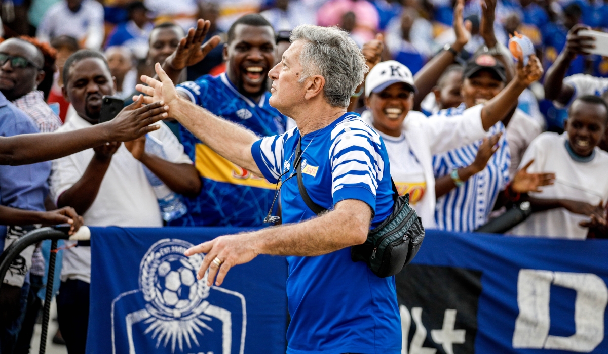 Rayon Sports head coach Roberto Oliveira Gonçalves de Carmo Celebrate with the Blues supporters at Pele Stadium after a win of 4-0 against Kiyovu FC on Sunday, November 2 Photo by Craish Bahizi