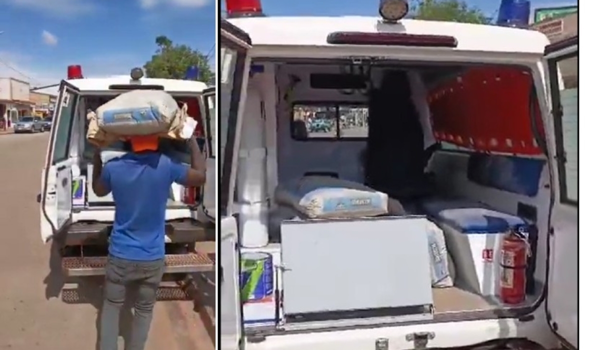 An ambulance captured  being loaded with cement sacks last week. Courtesy