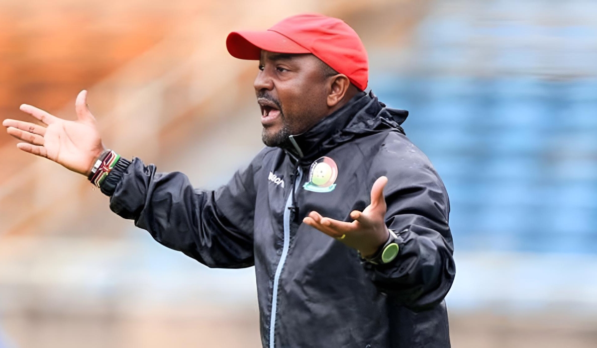 Francis Kimanzi reacts on the touchline during an international friendly match between Kenya and Mozambique at the Moi International Sports Centre, Kasarani on October 13, 2019. Courtesy Photo
