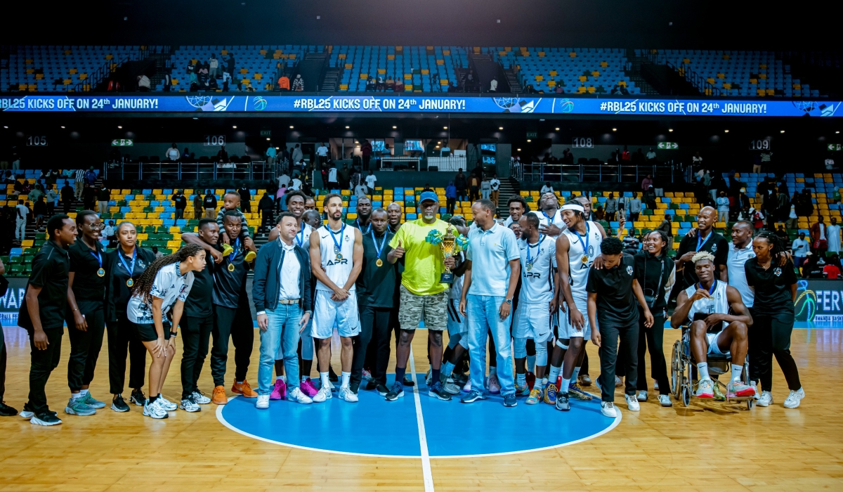 APR men&#039;s basketball team players and staff celebrate after winning the Super Cup at BK Arena on Friday night. Photo By Damas Sikubwabo