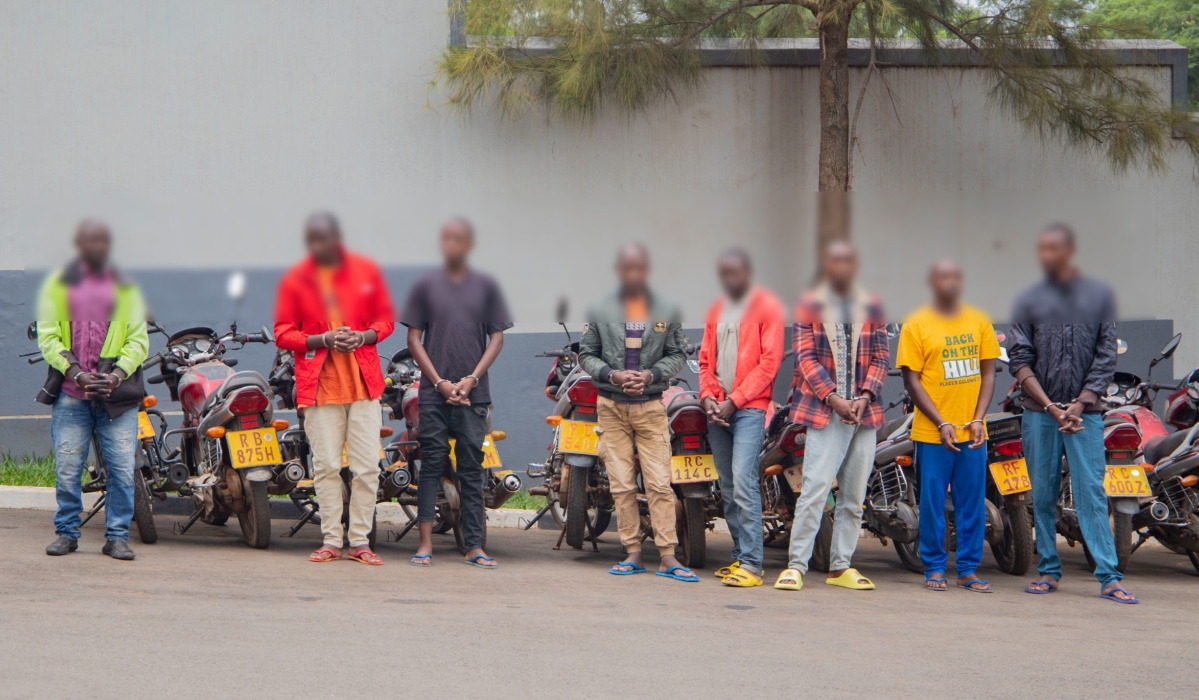 Rwanda National Police on January 18 paraded eight men suspected of stealing motorycles and falsifying number plates. Courtesy