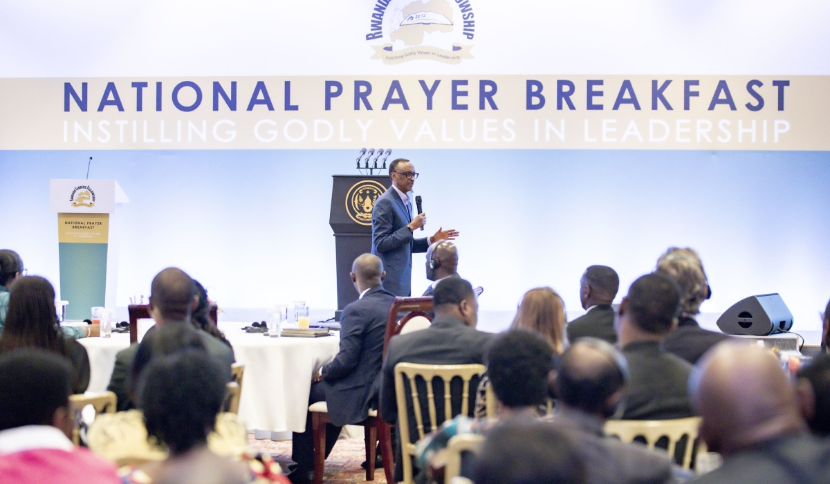 Kagame addresses government officials, private sector leaders, diplomats, and senior religious leaders at the 30th annual National Prayer Breakfast on January 19. Emmanuel Dushimimana