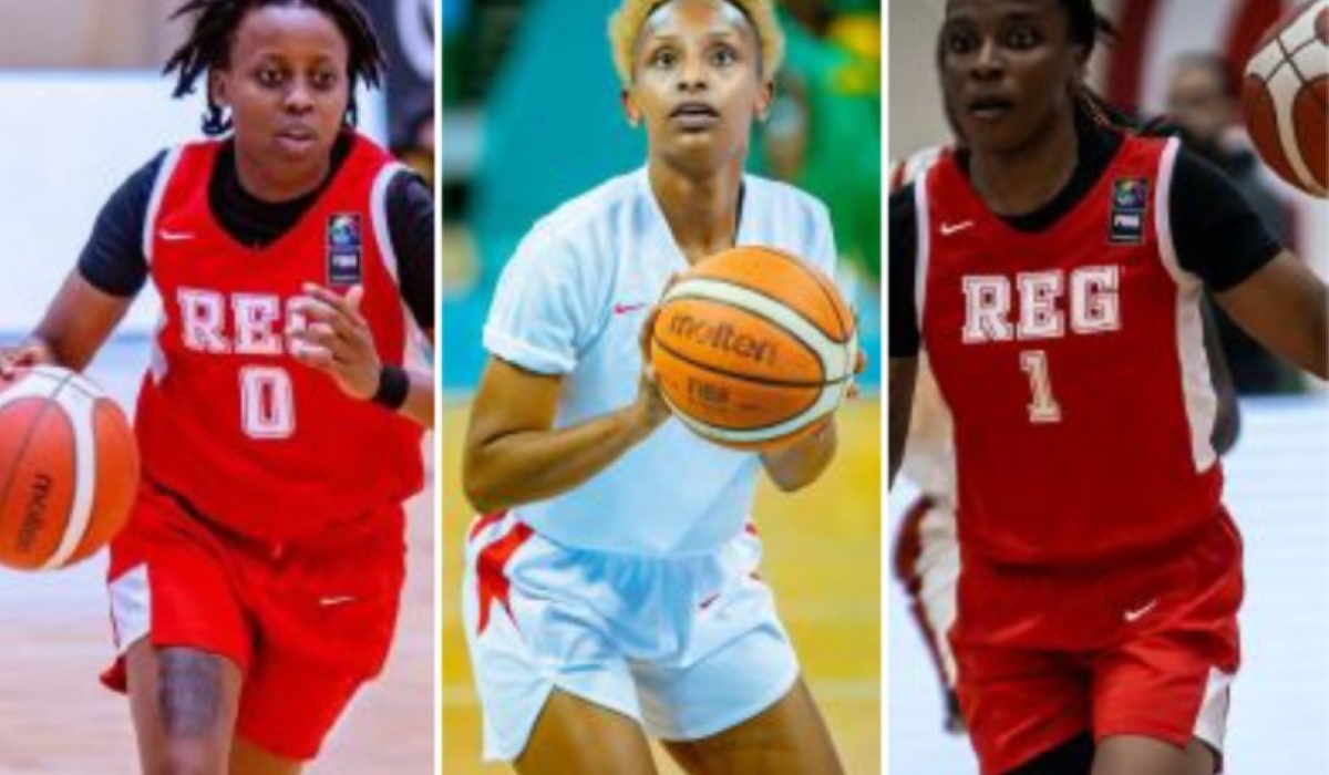 National team guards Rosine Micomyiza, Sandra Kantore, and Destiney Philoxy.