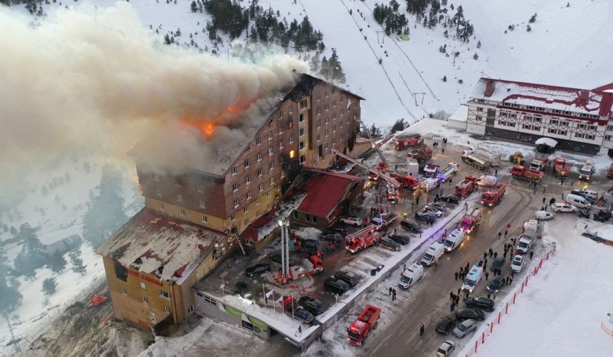 Firefighters extinguish the fire that broke out at the Grand Kartal Hotel in Türkiye, killing 76 people. Courtesy