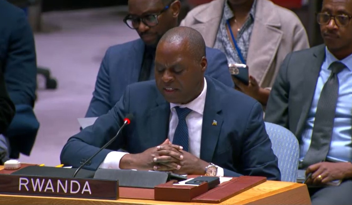 Rwanda’s Permanent Representative to the United Nations  Amb. Ernest Rwamucyo addresses the UN Security Council in New York on Sunday, January 26. Courtesy