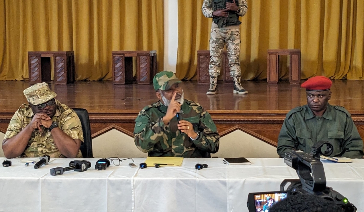 Corneille Nangaa, political head of AFCM23 rebel group (C), addresses journalists in Goma on Thursday, January 30. Photos by Emmanuel Dushimimana
