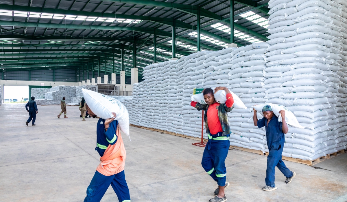 Workers carry packages at Rwanda Fertilizer Company in Bugesera. Photo by Craish Bahizi