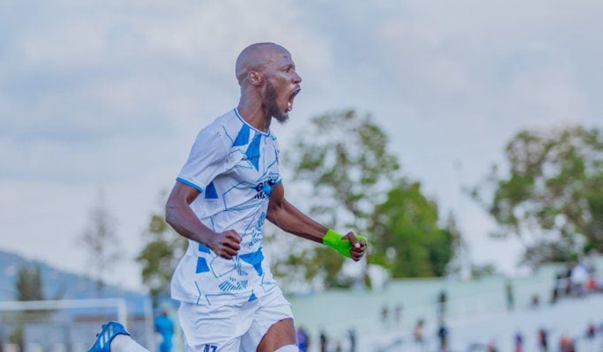 Eric Nsabimana, Police FC captain celebrates his goal during a game at Kigali Pele Stadium.