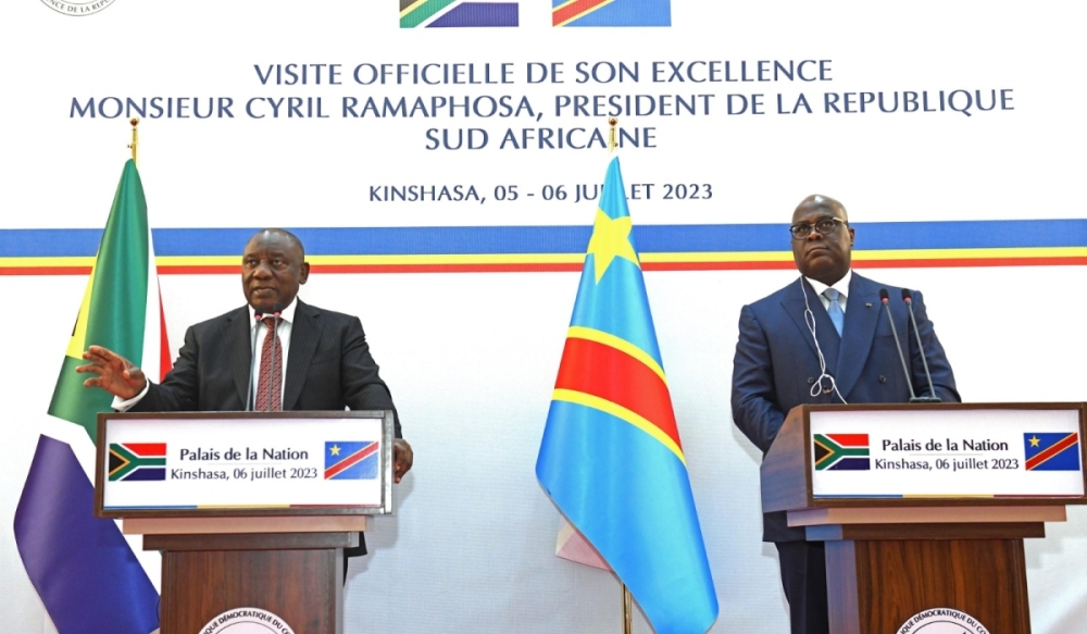 South African President Cyril Ramaphosa and his DR Congo counterpart Félix Antoine Tshisekedi Tshilombo during a joint press conference in July 2023 in Kinshasa.