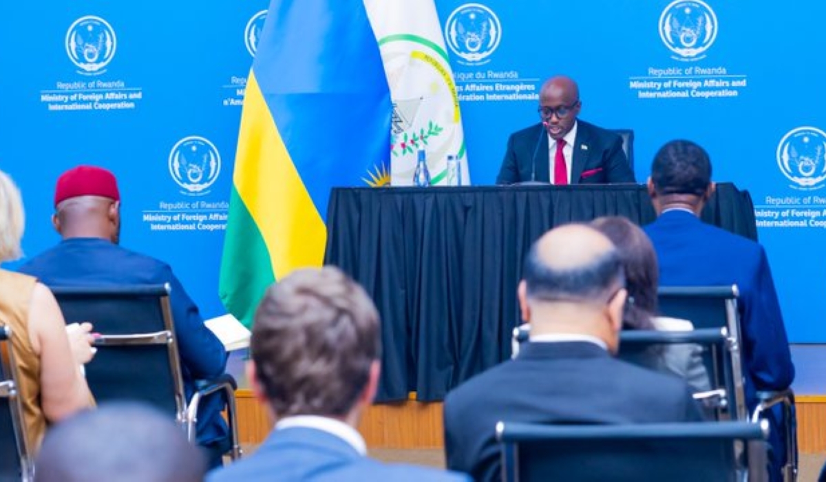 Minister of Foreign Affairs Olivier Nduhungirehe addresses diplomats on Tuesday, February 4. Courtesy