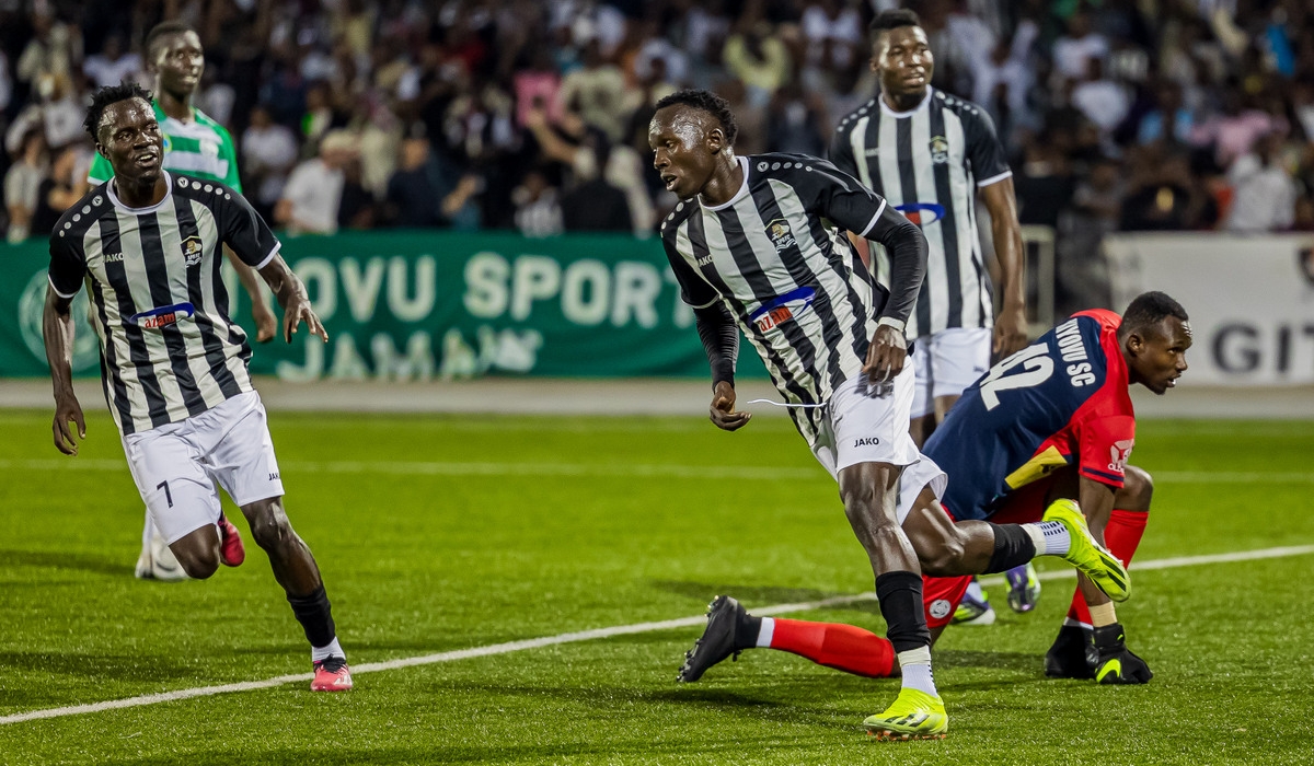 Ugandan forward Denis Omedi wheels away in celebration after scoring his second goal as APR came from behind to beat struggling Kiyovu SC at Kigali Pele Stadium on Saturday, February 8- Photos by IGIHE