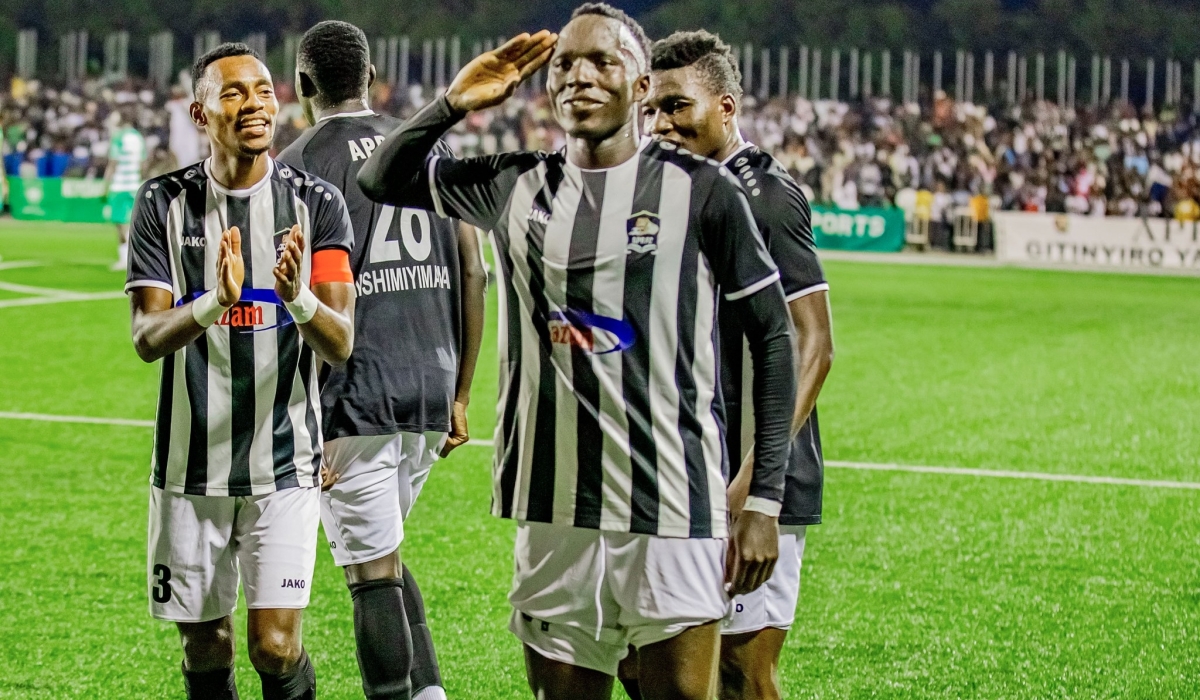 Ugandan hitman Denis Omedi celebrates his goal with skipper Claude Niyomugabo during Saturday&#039;s 2-1 comeback win over Kiyovu SC at Kigali Pele Stadium-courtesy