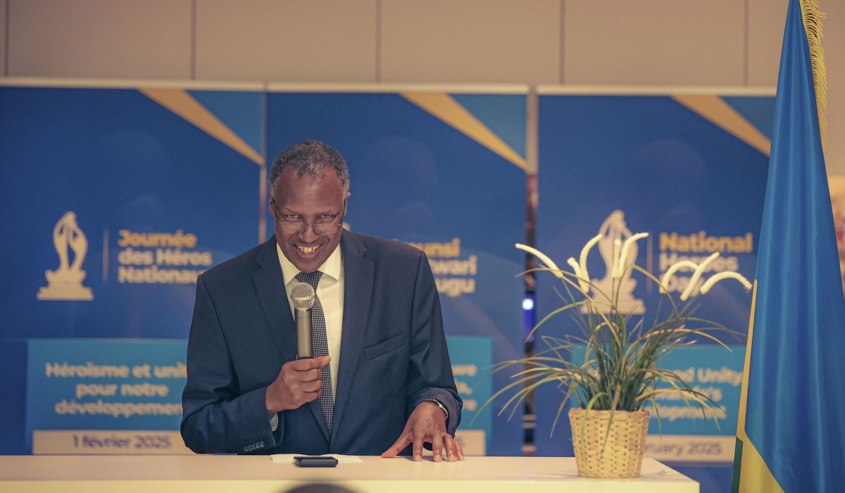 Ambassador James Ngango addresses delegates as Rwandans in Switzerland gathered in Geneva  for a celebration marking the 31st National Heroes Day on Friday, January 7.