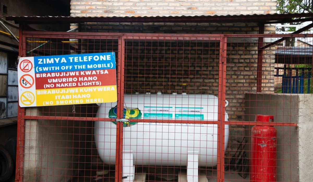 A gas container near the kitchen at Collège Christ-Roi de Nyanza. The use of cooking gas in schools has played a crucial role in protecting forests in the Southern Province. Courtesy