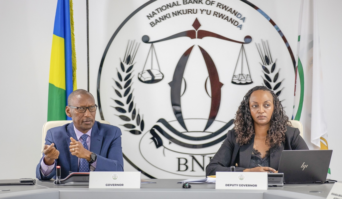 The Governor of the National Bank of Rwanda (BNR), John Rwangombwa and Deputy Governor Soraya Hakuziyaremye address journalists in Kigali on Thursday, February 13. All Photos by Craish Bahizi