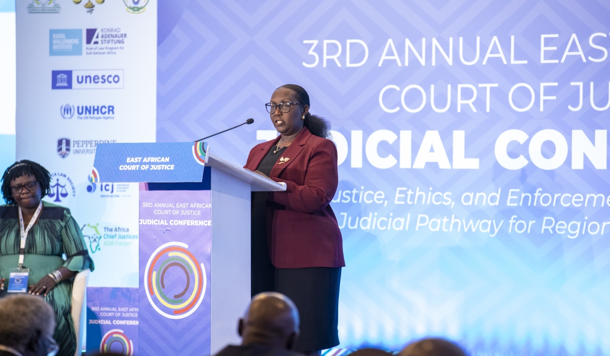 Rwanda’s Chief Justice Domitilla Mukantaganzwa delivers remarks during the opening of the Third Annual East African Court of Justice Judicial Conference, taking place in Kigali from February 18 to 19. Craish BAHIZI