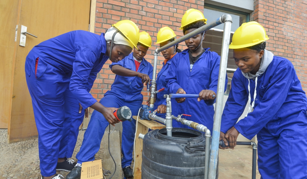 Students during a plumbing exercise at Musanze Polytechnic. The government targets to increase the number of female students in technical and vocational education and training (TVET). Photo by Sam Ngendahimana