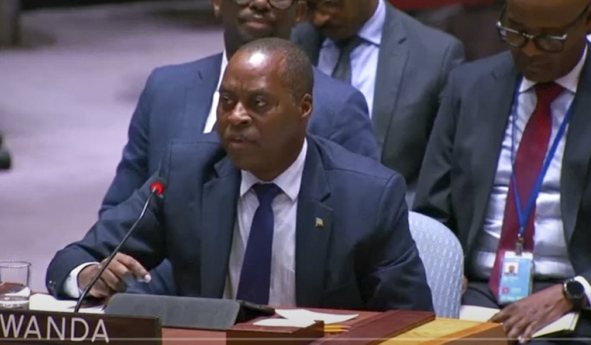 Rwanda’s Permanent Representative to the UN Ernest Rwamucyo, addresses the UN Security Council on Thursday, February 20. Courtesy