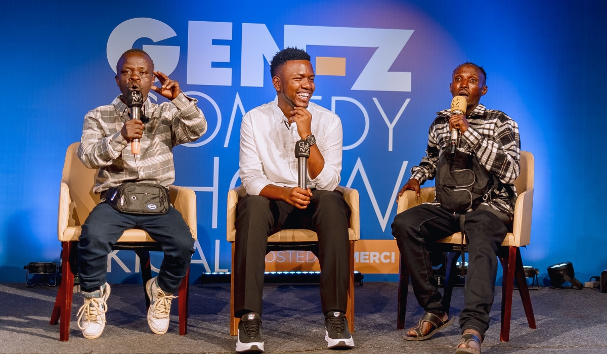 Two Rwandan funnymen Nzovu (L) and Yaka Mwana (R) during the Gen Z Comedy Show on Thursday, February 20, at Kigali Conference and Exhibition Village-courtesy photos