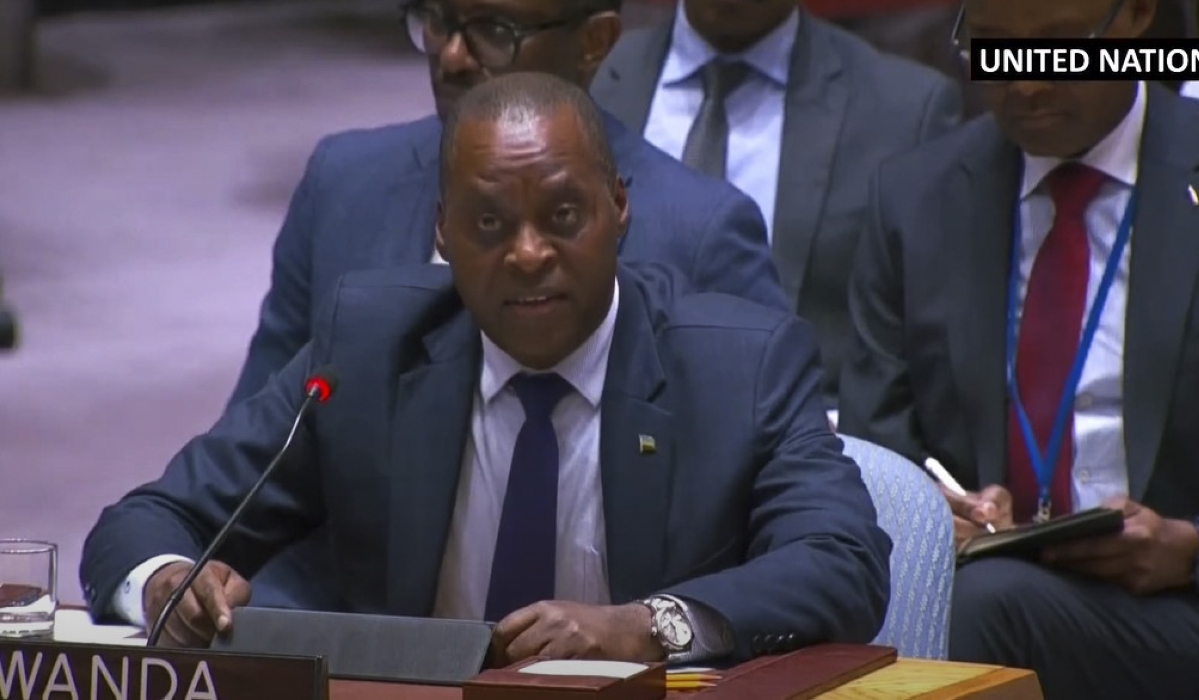 Rwanda’s Permanent Representative to the UN Ernest Rwamucyo, addresses the UN Security Council on Friday, February 21. Courtesy