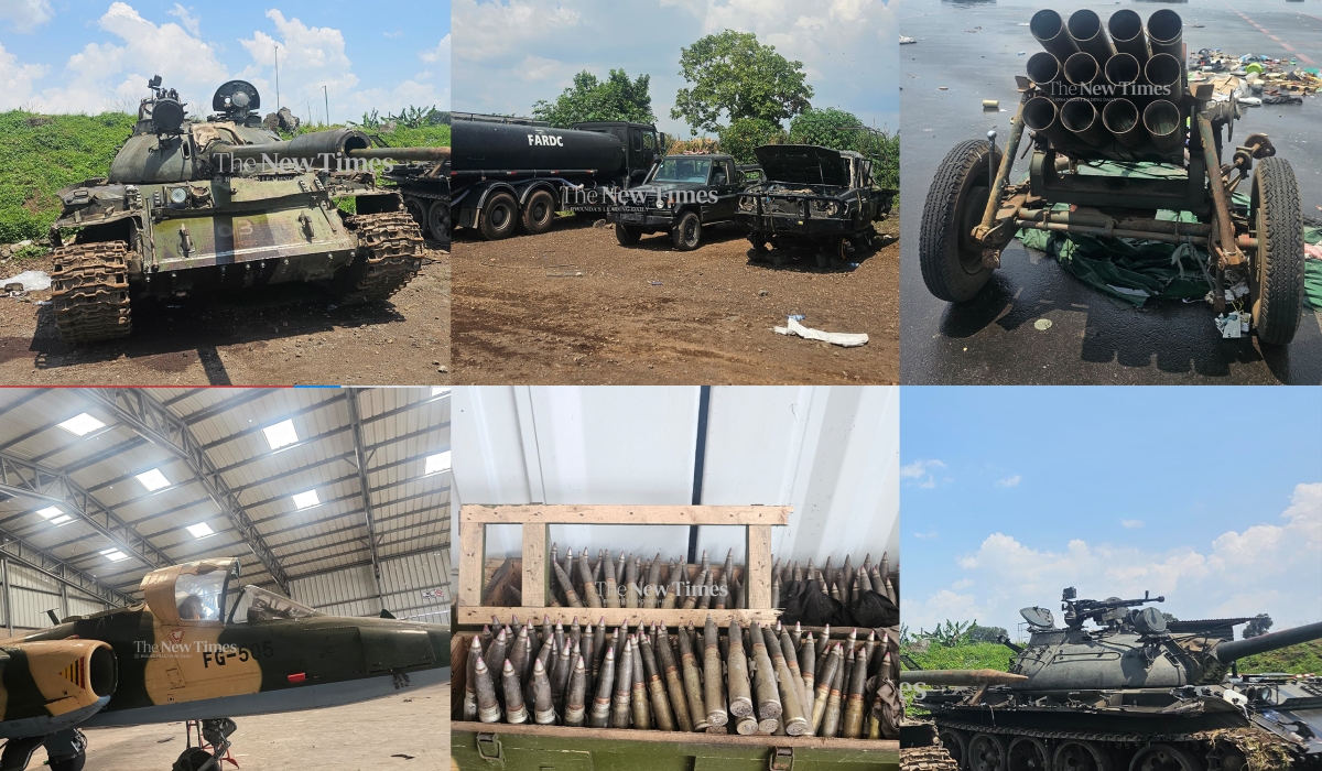 A collage of some of the weapons that DR Congo&#039;s army and their allies, including genocidal FDLR militia, Burundian troops, SADC forces, and European mercenaries, had amassed in Goma, near the border with Rwanda, which observors say points to a major plan to attack Rwanda. Photos by James Munyaneza.