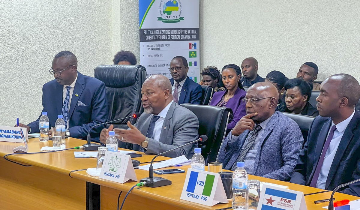 Wellars Gasamagera (C), Secretary General of the RPF-Inkoyanyi speaks during a meeting with Rwandan political parties  in Kigali on Tuesday, February 25. Courtesy