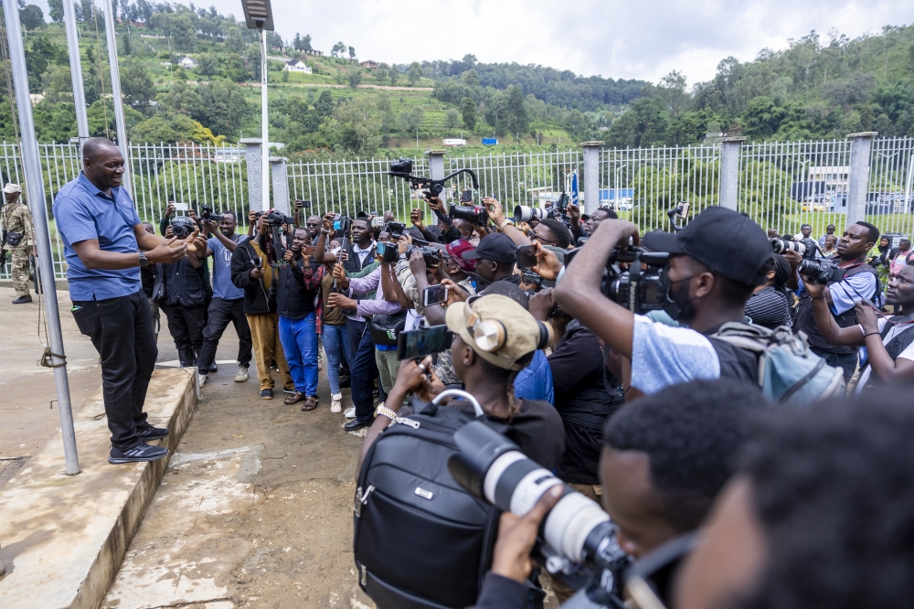 The AFC-M23 spokesperson Lawrence Kanyuka addresses journalists in Bukavu on February 18. Photo by Olivier Mugwiza