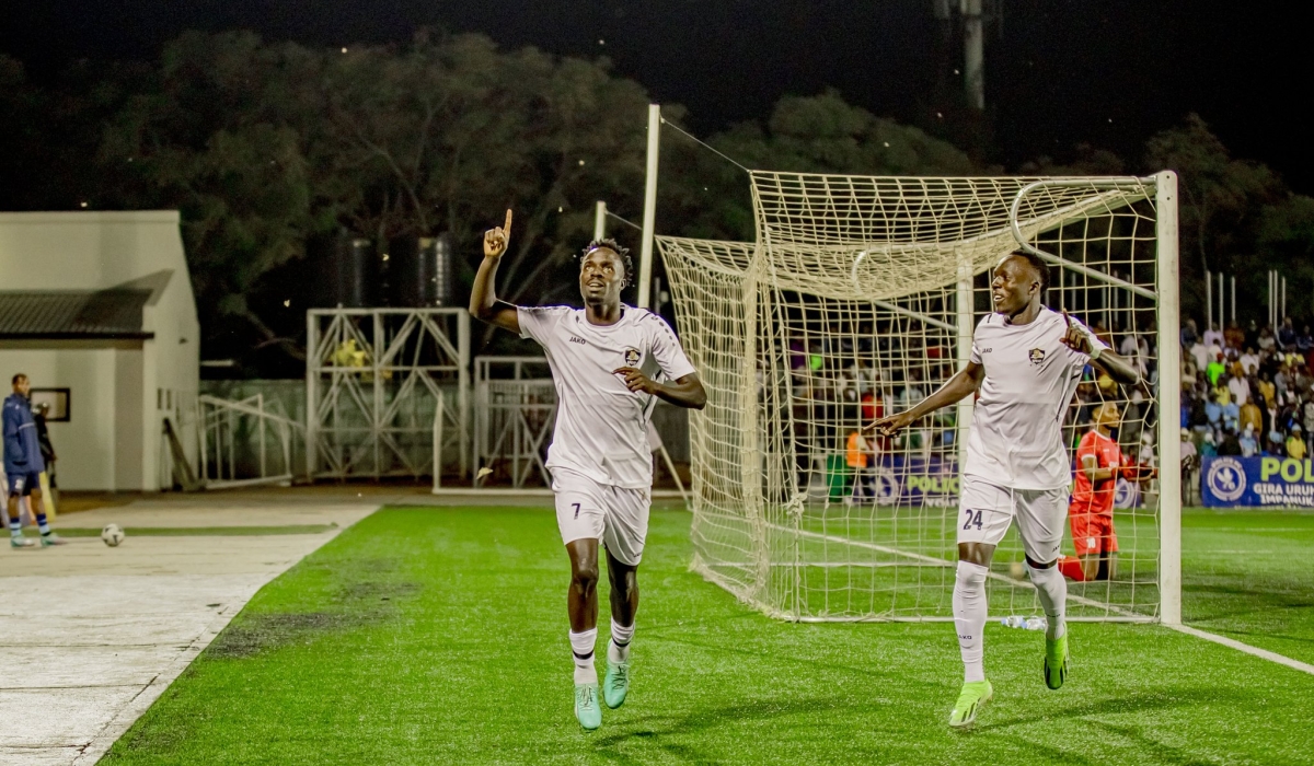 Hakim Kiwanuka points to the sky after giving APR FC the lead in Sunday&#039;s 3-1 win over Police FC at Kigali Pele Stadium-courtesy