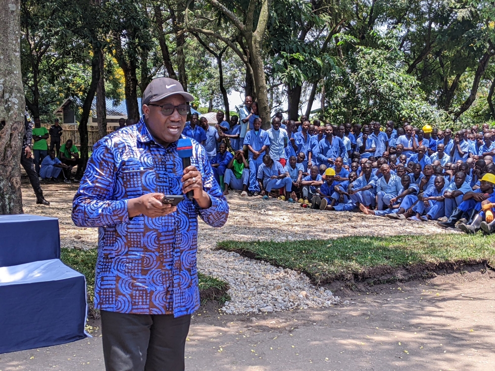 Minister of Local Government, Patrice Mugenzi, speaks during the graduation ceremony at Iwawa Rehabilitation Centre. PHOTO BY GERMAIN NSANZIMANA