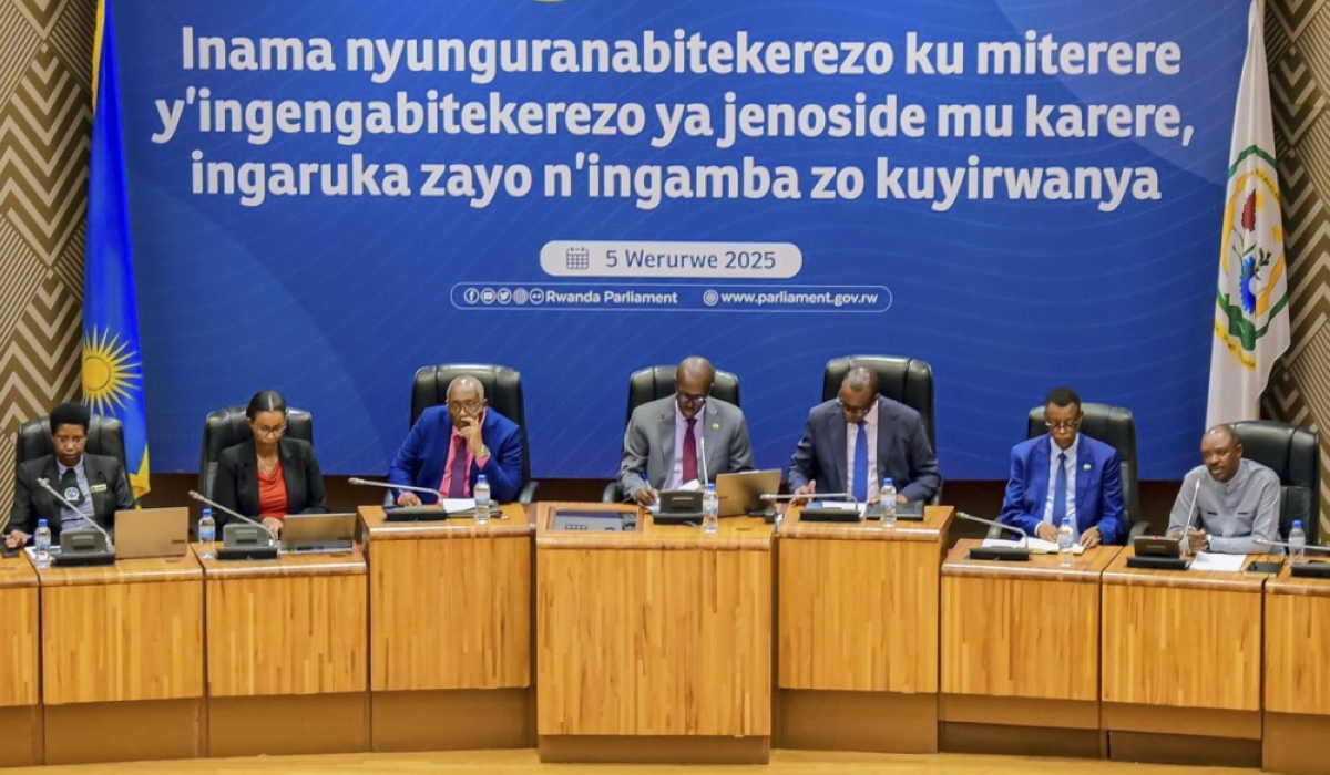 The Minister of National Unity and Civic Engagement, Jean Damascène Bizimana (3rd from right) flanked by the State Minister for Regional Cooperation, Gen (Rtd) James Kabarebe (2nd right) during a meeting with Members of Parliament, government officials and Civil society, on Tuesday, March 5.