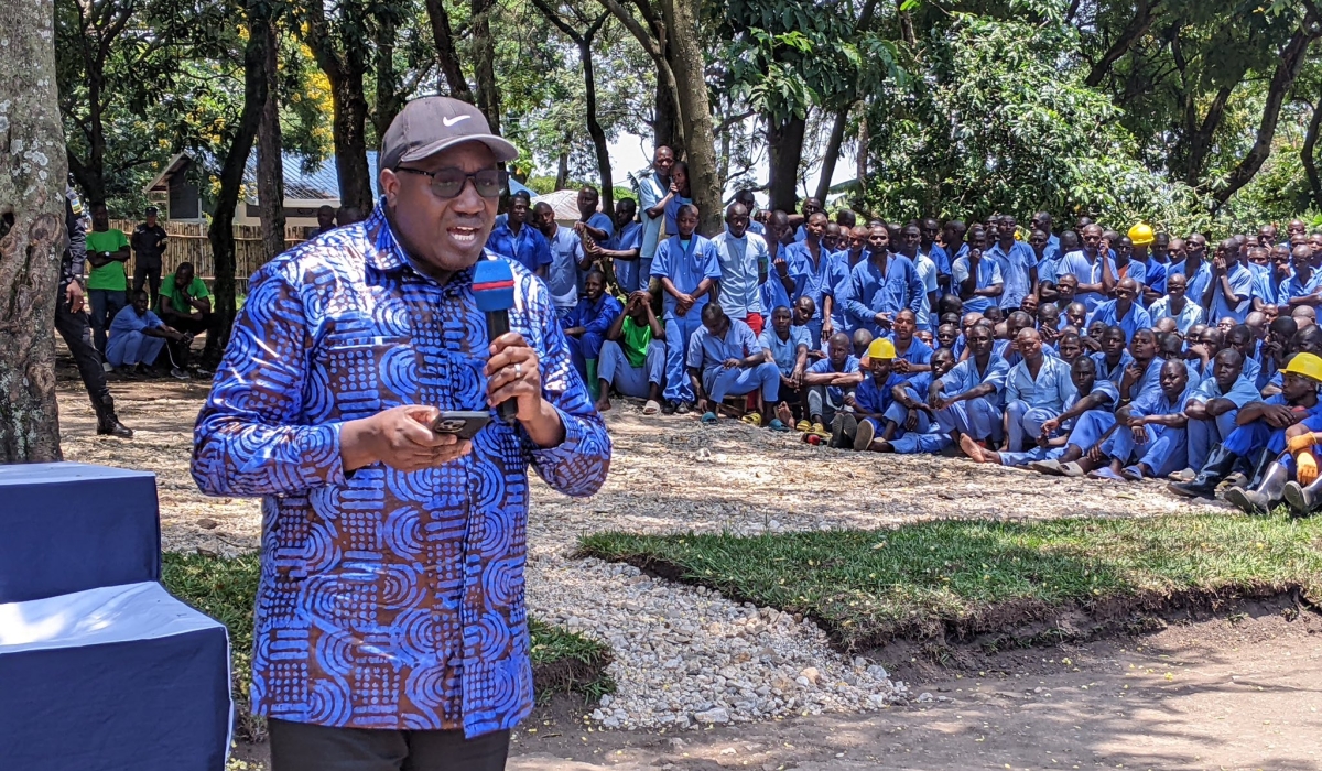 Minister of Local Government, Patrice Mugenzi, speaks during the graduation ceremony at Iwawa Rehabilitation Centre. PHOTO BY GERMAIN NSANZIMANA