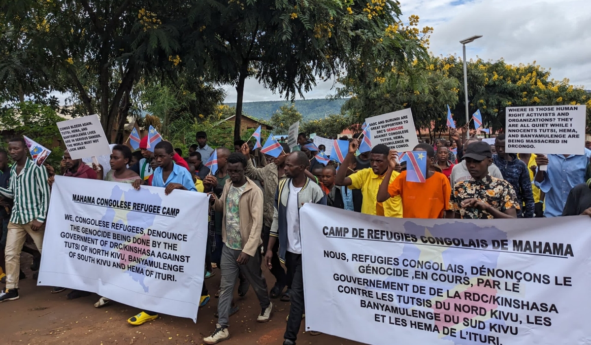 Congolese refugees in Mahama camp in Rwanda&#039;s Eastern Province protest against killings of Banyamulenge, Hema and Tutsi people in eastern DR Congo on March 6, 2024.