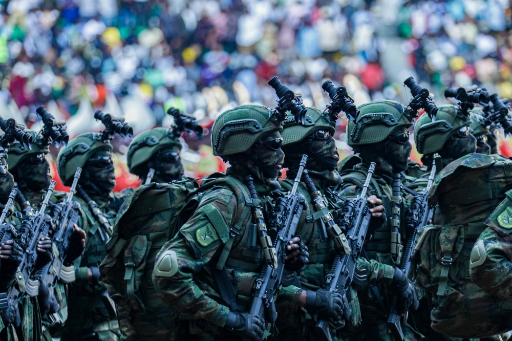 Rwanda Defence Force armed guard during a parade at the presidential inauguration atAmahoro stadium on August 11, 2024.