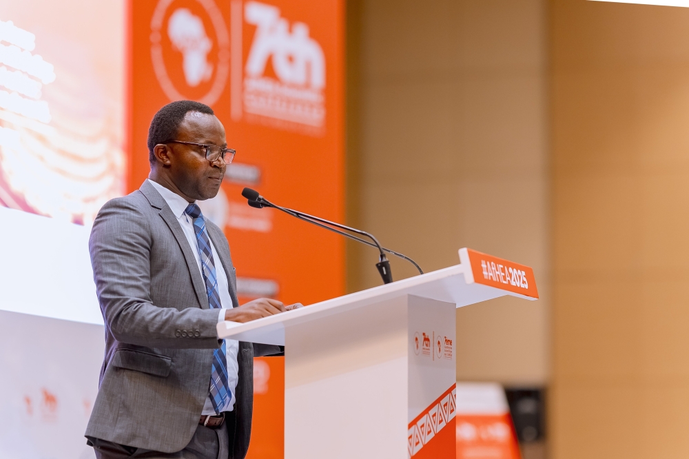 PS Zachee Iyakaremye delivers his remarks during the Seventh African Health Economics and Policy Association (AfHEA) Scientific Conference in Kigali on Tuesday, March 11.