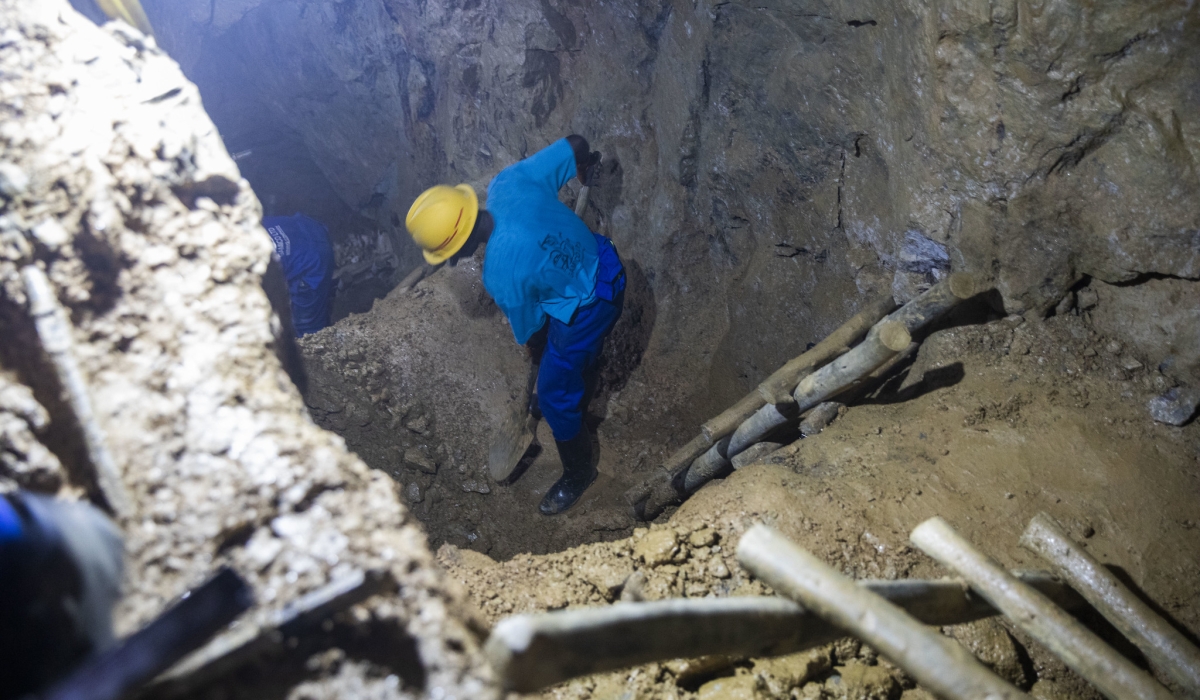 Miners inside a tunnel in mining activities with artisanal methods. PHOTO BY EMMANUEL DUSHIMIMANA