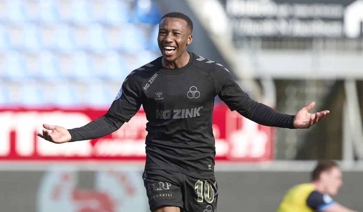 20-year-old midfielder Sanders Ngabo celebrates his opening goal for AC Horsens against Esbjerg. It was his third goal in two league games-courtesy
