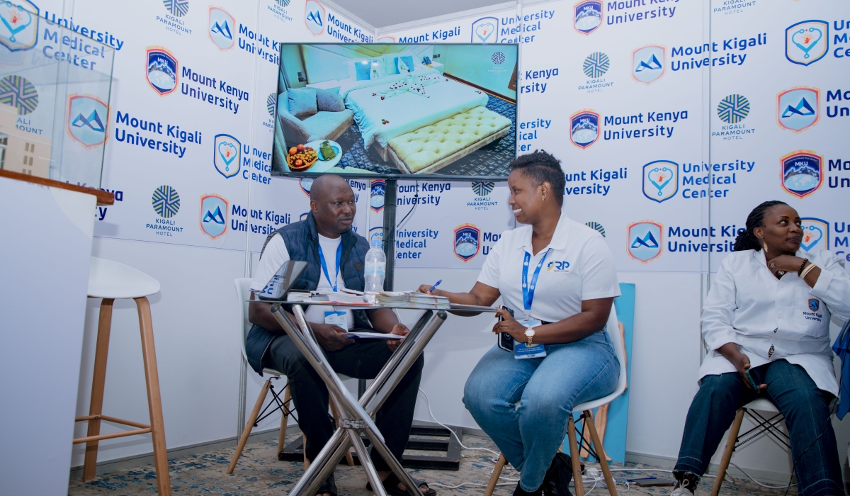 (The Director of and Corporate Affairs at MKU, Boniface Murigi attending to the client) During the forum university from the region showcased their innovations.