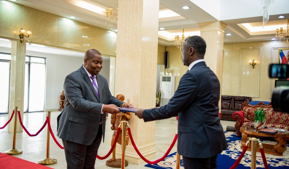 Rwanda&#039;s ambassador Olivier Kayumba  presents his letters of credence to Central African Republic (CAR) President Faustin-Archange Touadéra on Monday, March 17.