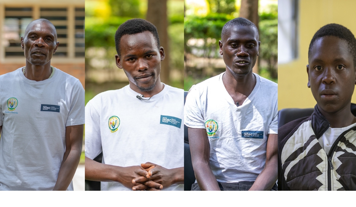 (L-R) Former FDLR members: ‘Major’ Gilbert Ndayambaje,  Corporal Olivier Cyuzuzo, Eric Hakizimana, Celestin Nahimana at the Rwanda Demobilisation and Reintegration Commission (RDRC) center in Mutobo, Musanze District. Photos by Willy Mucyo