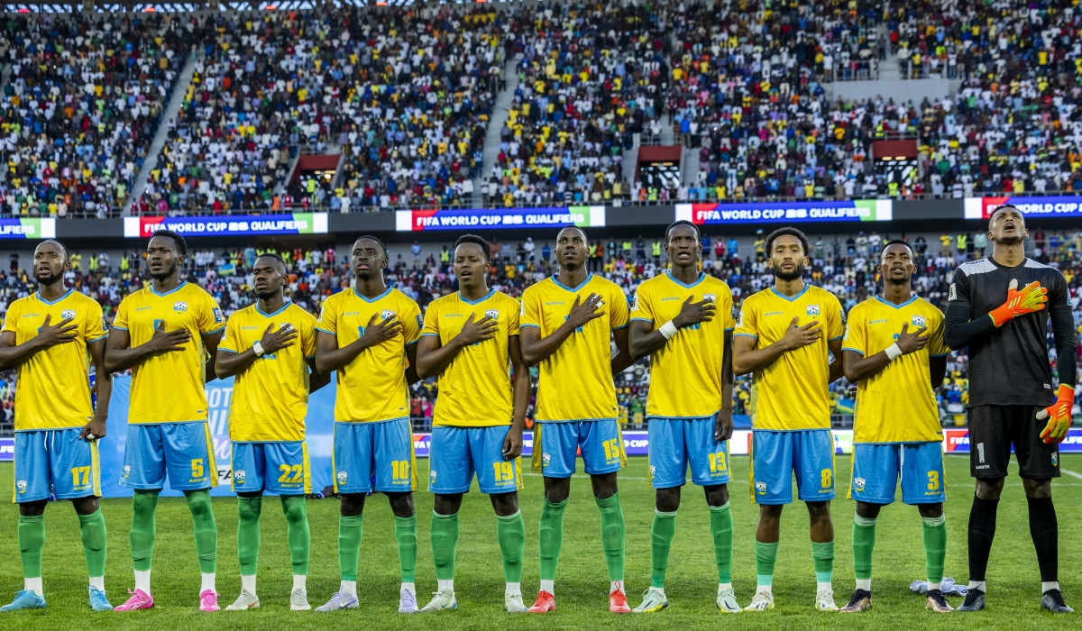 Rwanda National team players sing the national anthem at the game against Nigeria in Kigali. Photo by Olivier Mugwiza