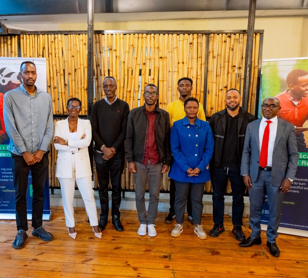 AYuTe Africa Challenge Rwanda 2025: Top five finalists and Bootcamp judges. From left to right Muyombano Happy Axel, Niyidukunda Mugeni Euphrosine, Alimas Hakizimana, Muhiza Frank, Tresor Gashonga, Sabina Marie Rose, Malik Shaffy, and Dr. Damien Shumbusho.